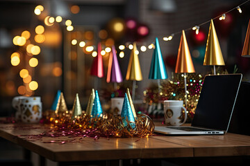 some party hats on a table with a laptop and coffee mug in the foreground is lit by christmas lights - obrazy, fototapety, plakaty