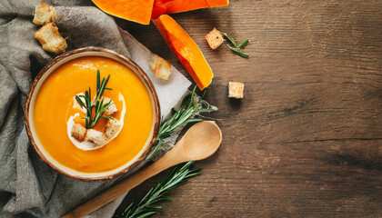Pumpkin and carrot Cream soup on rustic wooden table. Autumn Pumpkin cream-soup with rosemary herb and croutons. Top view. Copy space.