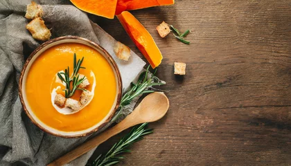 Fotobehang Pumpkin and carrot Cream soup on rustic wooden table. Autumn Pumpkin cream-soup with rosemary herb and croutons. Top view. Copy space. © Beste stock