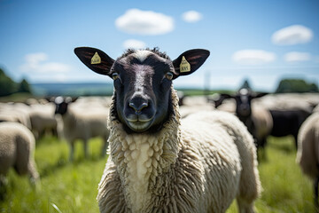a sheep standing in the middle of a field with many other sheep behind him and she is looking at the camera - Powered by Adobe