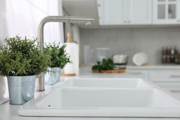 Different potted artificial plants on countertop in kitchen, space for text. Home decor