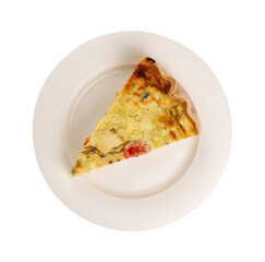 Piece of delicious homemade cheese quiche isolated on white, top view