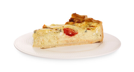 Piece of delicious homemade cheese quiche isolated on white