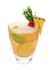 Glass of tasty pineapple cocktail with rosemary and cherry isolated on white