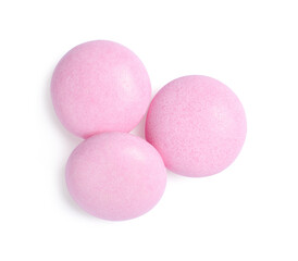 Tasty pink bubble gums isolated on white, top view
