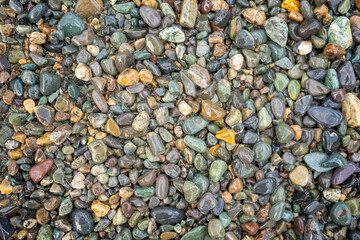 Abstract background of pebbles on the bank of the Katun River in Altai