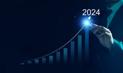 Fotobehang Business growth 2024 concept. Businessman analyze new year trend of future business technology, economic, marketing, opportunity investment, financial, calendar plan, business goal and success. © LALAKA