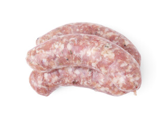 Fresh raw homemade sausages isolated on white, top view