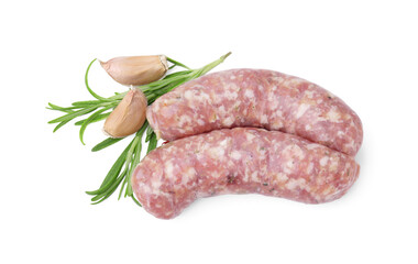 Raw homemade sausages, rosemary and garlic isolated on white, top view