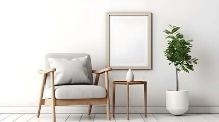 an empty living room with light colored walls and an arm chair with a blank frame above, in the style of zen minimalism