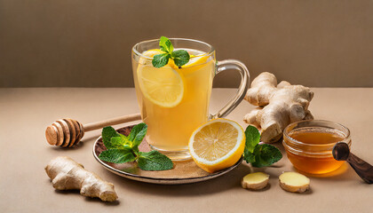 Fototapeta premium Ginger tea. Cup of ginger tea with lemon, honey and mint on beige background. Concept alternative medicine