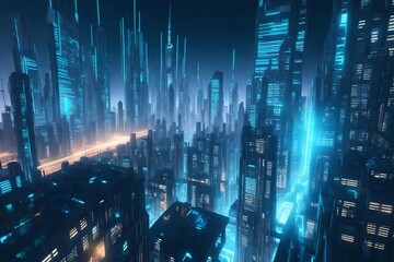 Cyber punk night city landscape concept. Light glowing on dark scene.