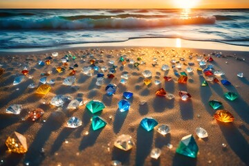 Colorful diamonds on the beach. Each diamond caught the glimmer of the sun, glistening in the sand. The sparkles of the diamonds lit up the shoreline, creating a mesmerizing landsca - obrazy, fototapety, plakaty