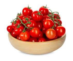 Wooden bowl with fresh ripe cherry tomatoes isolated on white