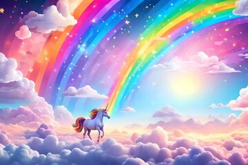 Fantasy unicorn background with clouds on rainbow sky. Magical landscape, abstract fabulous wallpaper with stars and sparkles. Arched realistic spectrum.