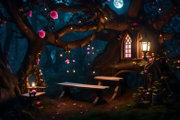 Fototapeta na wymiar Magical fantasy elf or gnome house in tree with window and lantern, bench in enchanted fairy tale forest with fabulous fairytale blooming pink rose flower garden and shiny glowing moon rays in night.