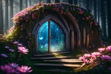 Fantasy fairy tale forest with magical shining window of enchanted elf or gnome house in hollow of...