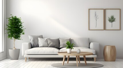 a white living room with a gray couch and plant set in, in the style of textured backgrounds, naturalistic rendering, matte background