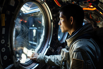 a man in a space suit looking at the inside of an astronaut's capsule, with his hand on the door - Powered by Adobe
