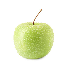 One ripe green apple with water drops isolated on white