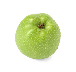 One ripe green apple with water drops isolated on white