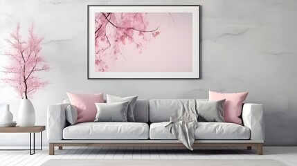a room with a white couch in an accented pink and grey color, in the style of luminous watercolors, uhd image, joyous figurative art, light pink and red, minimalistic japanese, light and airy, dreamy 