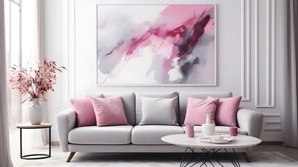 a room with a white couch in an accented pink and grey color, in the style of luminous watercolors, uhd image, joyous figurative art, light pink and red, minimalistic japanese, light and airy, dreamy 