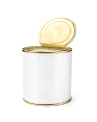 Open tin can with condensed milk isolated on white