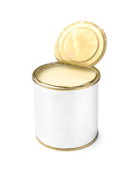 Open tin can with condensed milk isolated on white
