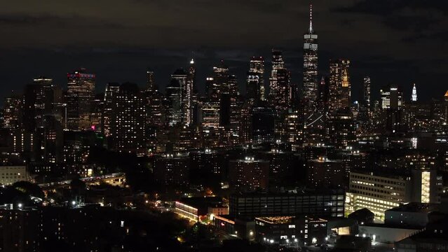 Aerial view of New York City's Freedom Tower at night