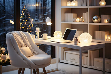 a desk with a laptop and christmas lights on the windowsills in front of a large window that is lit up