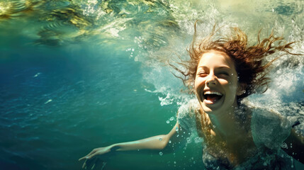 Young happy woman swimming in the water