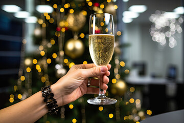 someone's hand holding a glass of champagne in front of a christmas tree with lights on the other side