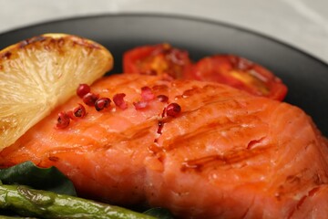 Piece of tasty grilled salmon on plate, closeup