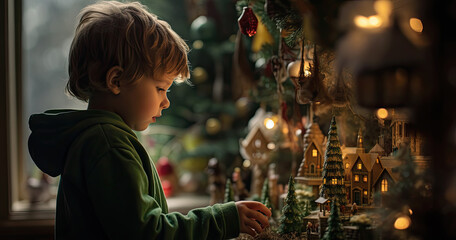 niño decorando un pueblo navideño de casas en miniatura con fondo de árbol de navidad