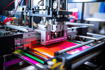 a multi - colored printer being used to print an image on a piece of red, green, orange and yellow