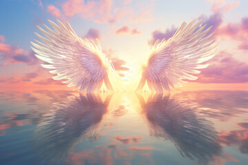 angel wings floating in water, generative ai - obrazy, fototapety, plakaty