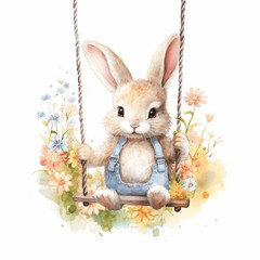 baby bunny sitting on a swing, wildflowers, trees, fluffy tail, illustration, cartoon style, realistic, detailed, watercolor, generative ai