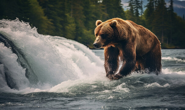 Brown Bear stands on edge of a rushing waterfall, generative ai