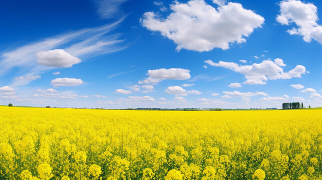 field of yellow flowers Against the background of a blurred blue sky with clouds, generative ai