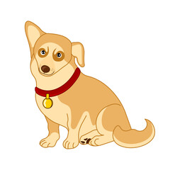 Illustration of a cute baby puppy wearing a red collar with a gold medal. Vector illustration