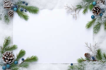 Christmas card with pine cones, green foliage mockup template. white blank sheet of paper background surrounded by pine cones. Winter holiday theme. Happy New Year. Space for text.