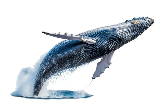 whale isolated on a transparent background, humpback whale jumping out of the water isolated. Generative AI