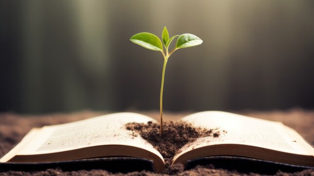 An open book with a plant growing out of it
