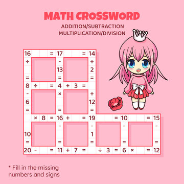 Math Crossword puzzle for kids. Addition, subtraction, multiplication and division