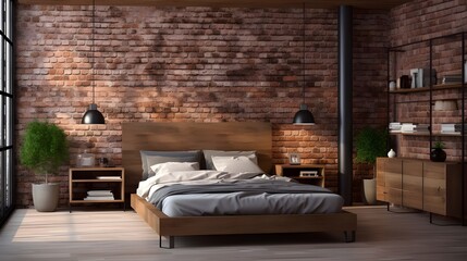 bedroom style wood floor, brick walls and a bed with windows, in the style of vray tracing, combining natural and man-made elements, industrial urban scenes, terracotta