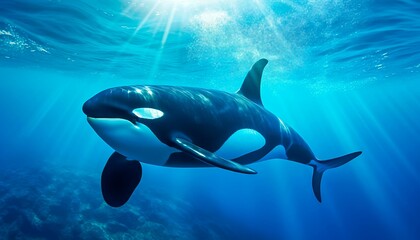 killer whale orcinus orca underwater close up looking for prey exposed to sunlight. Generative AI  - obrazy, fototapety, plakaty