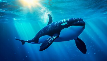 Fototapeta premium killer whale orcinus orca underwater close up looking for prey exposed to sunlight. Generative AI 