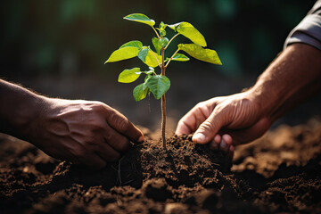 two hands holding a young plant that is growing out of the ground, with dirt and soil in the background - obrazy, fototapety, plakaty