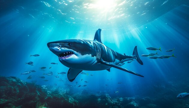 killer whale orcinus orca underwater close up looking for prey exposed to sunlight. Generative AI 